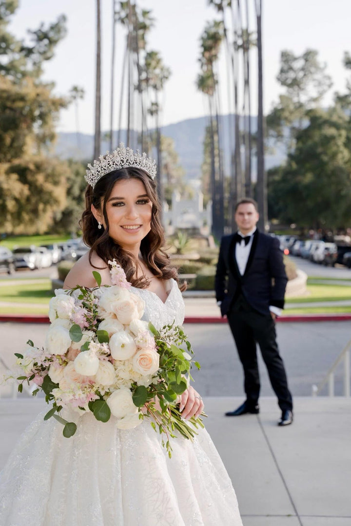 Ellee Real Bride Adorned with ANASTASIA Swarovski Gorgeous Bridal Crown
