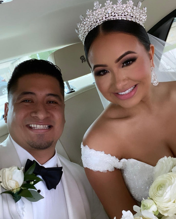 Ellee Real Bride Adorned in CARINA-Pearls Swarovski Crystal Wedding Crown