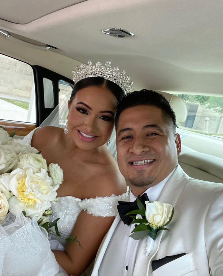 Ellee Real Bride Adorned in CARINA-Pearls Swarovski Crystal Wedding Crown