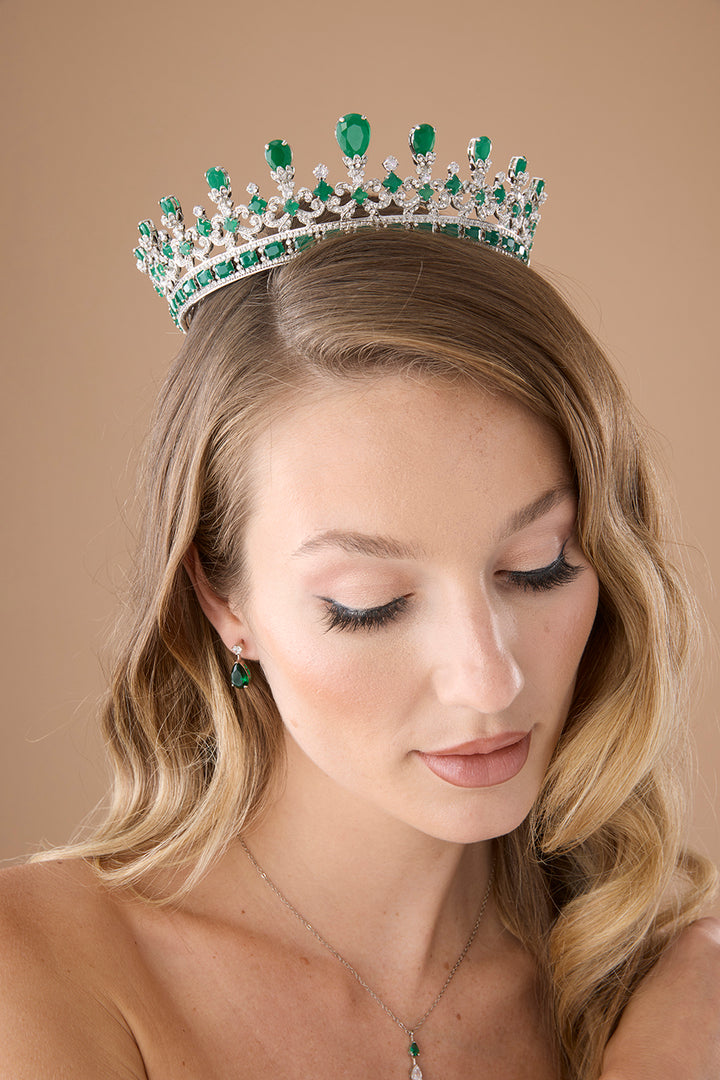 Emerald crystal tiara with green gemstones and clear crystals, silver-tone crown