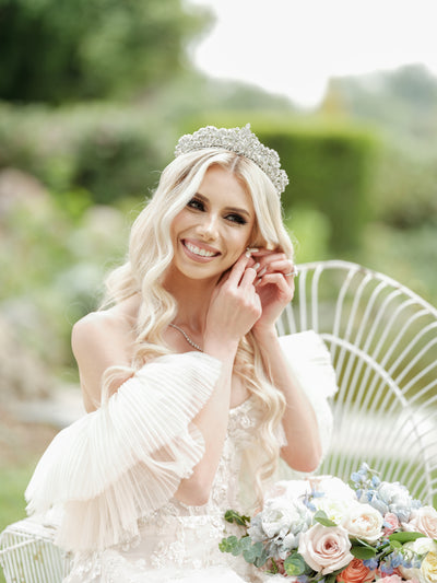 Ellee Real Bride Adorned with LONDON Luxurious Swarovski 3-D Bridal Tiara, Gorgeous Wedding Tiara