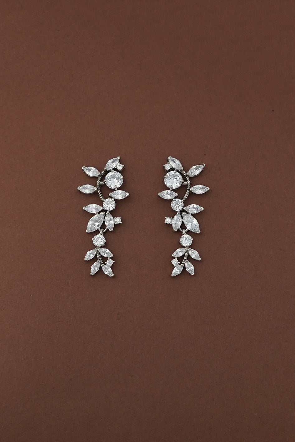 Silver-tone simulated diamond drop earrings with marquise and round stone clusters