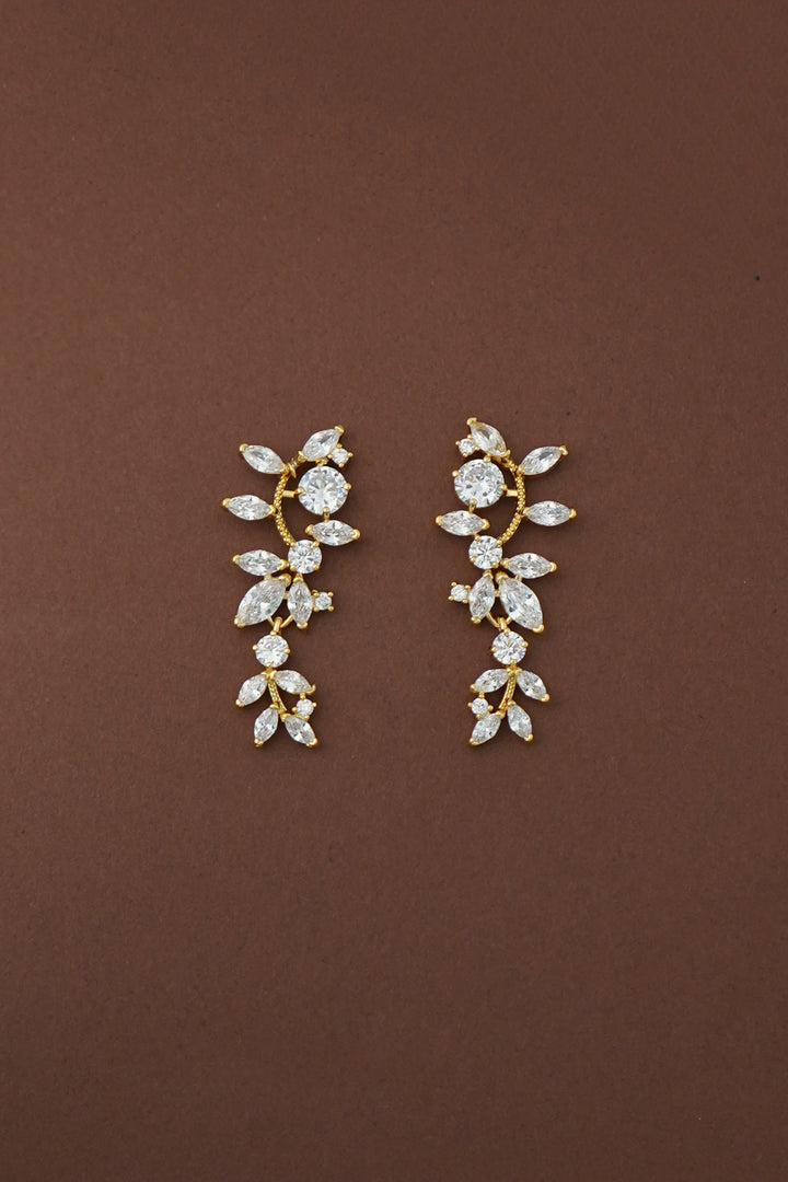 Gold-tone simulated diamond drop earrings with marquise and round stone clusters