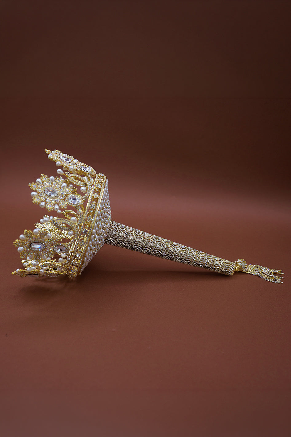 Gold-tone jeweled crown bouquet holder with pearl beads and extended beaded handle