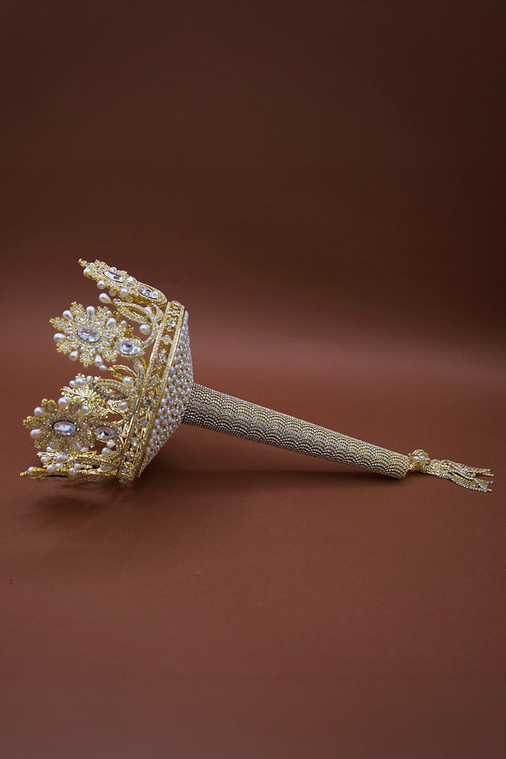 Gold-tone jeweled crown bouquet holder with pearl beads and extended beaded handle