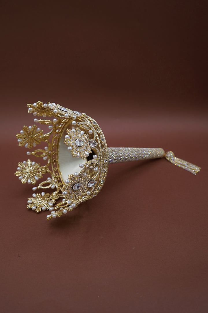 Gold-tone crystal and pearl bouquet holder with ornate crown and long beaded handle