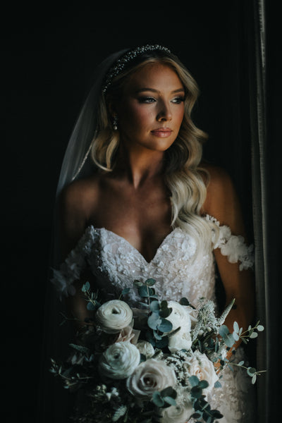 Ellee Bride Adorned with MARIT-PEARLS and Swarovski Stunning Headpiece