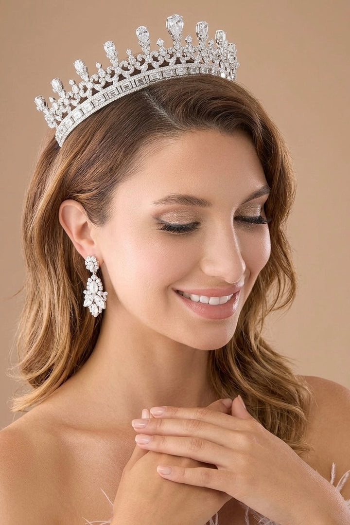 Emerald crystal tiara with green teardrop stones and clear crystals, silver-tone crown