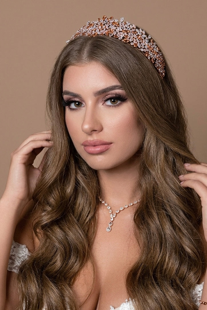 BELLE Wide Rose Gold with Rose Gold Crystals Simulated Diamond Headband - Sample Sale