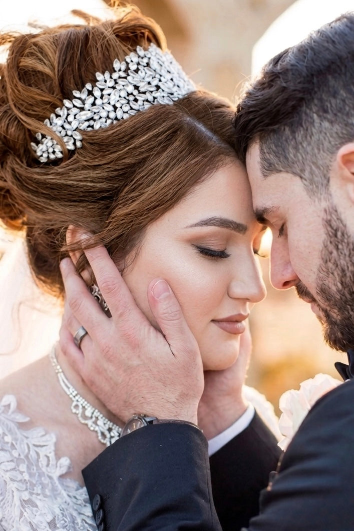 Rose gold bridal headband with crystal floral clusters, simulated diamond-like stones
