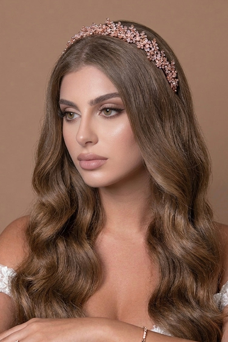 Simulated diamond bridal headband, rose gold-tone crystal band with pink sparkle