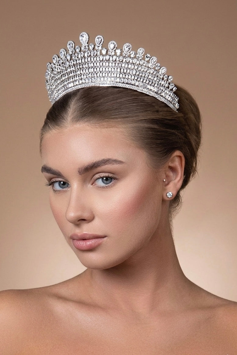 Silver-tone crystal tiara crown with jeweled oval accents and arched band