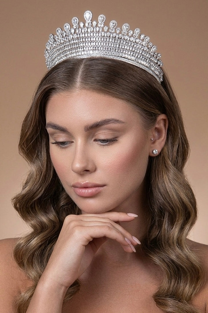 Silver-tone crystal tiara crown with oval and teardrop rhinestone accents