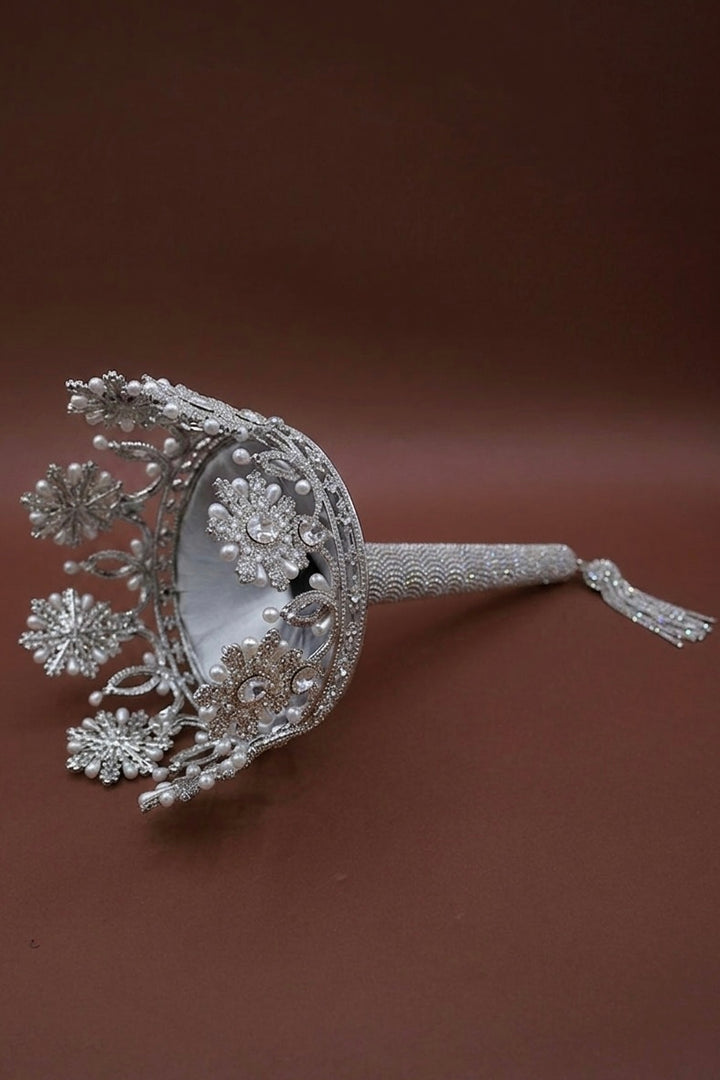 Silver-tone jeweled crown bouquet holder with pearl-like beads and dangling arm