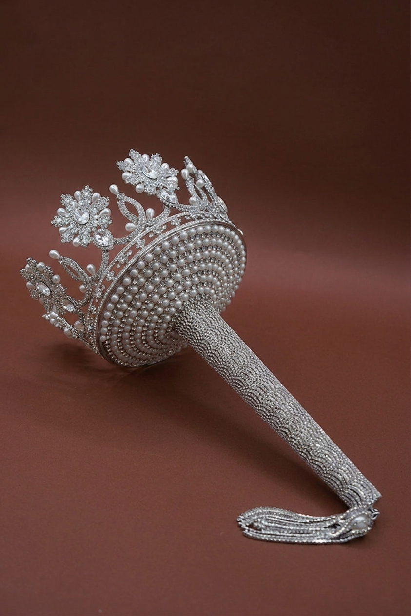 Silver-tone pearl beaded bouquet holder with rhinestone crown and floral ornaments