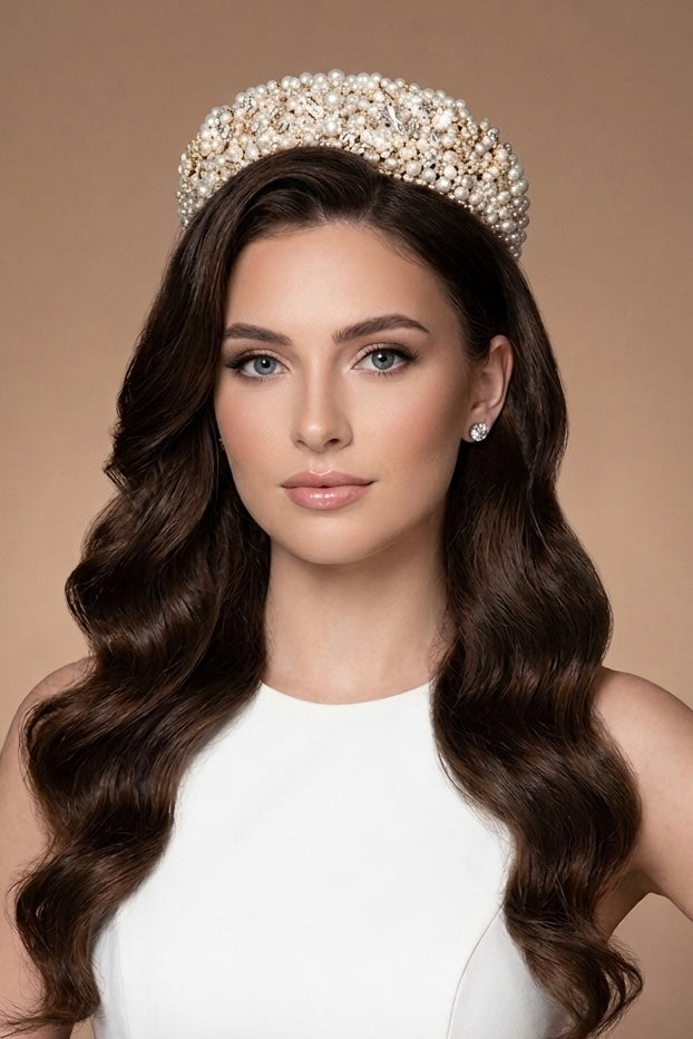 Crystal and pearl wedding tiara on model, silver-tone crown with sparkling scalloped edge