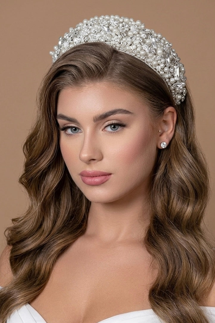 Crystal and pearl wedding tiara on model, silver-tone crown with dense beadwork and crystals