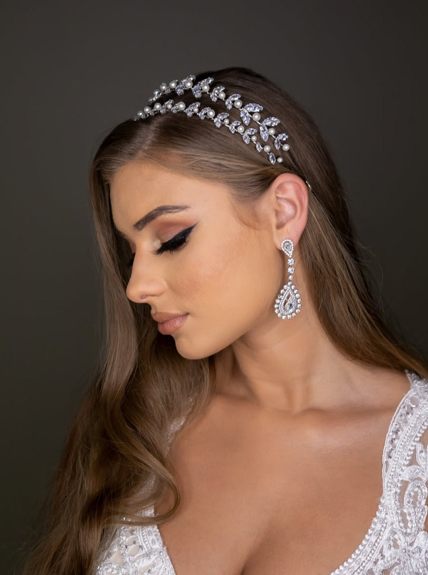 Ellee Real Bride Adorned with LAUREL Wedding Headband, Headpiece with Swarovski