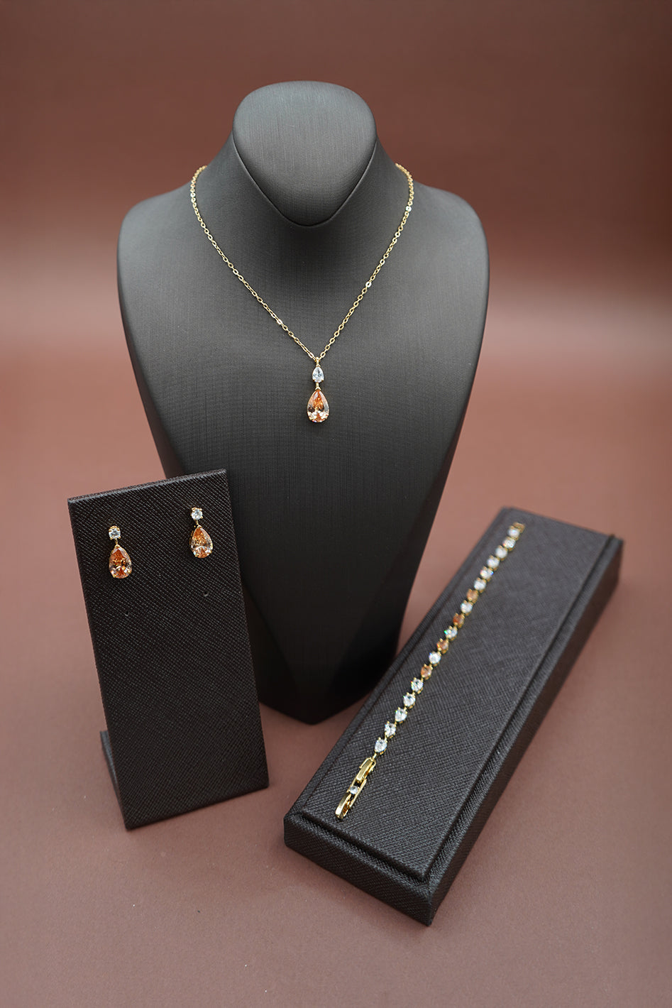 LILIT-Gold Simulated Diamond Jewelry Set with Necklace, Bracelet, Drop Earrings - Sample Sale