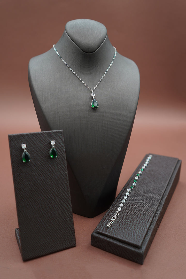 LILIT-EMERALD Simulated Diamond Jewelry Set with Necklace, Bracelet, Drop Earrings - Sample Sale