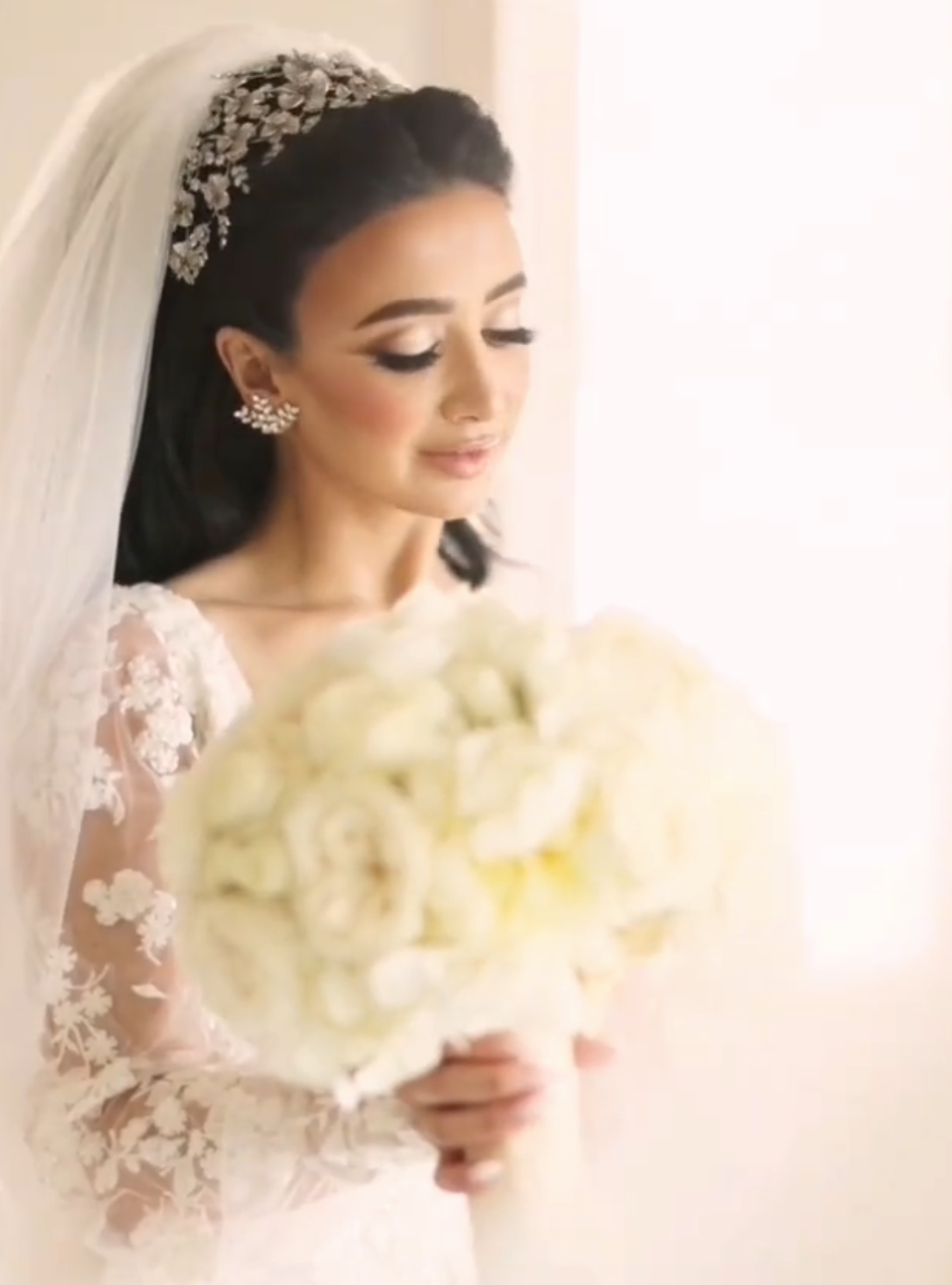 Ellee Real Bride Adorned with ERICANA Luxurious Bridal Headpiece with Swarovski Crystals