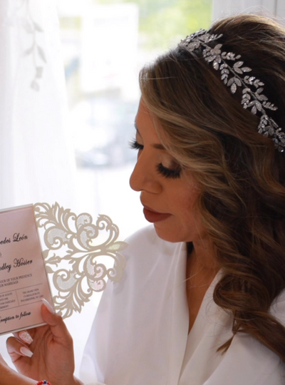 Ellee Real Bride Adorned with OLIVIA Bridal Headband with Luxurious Swarovski
