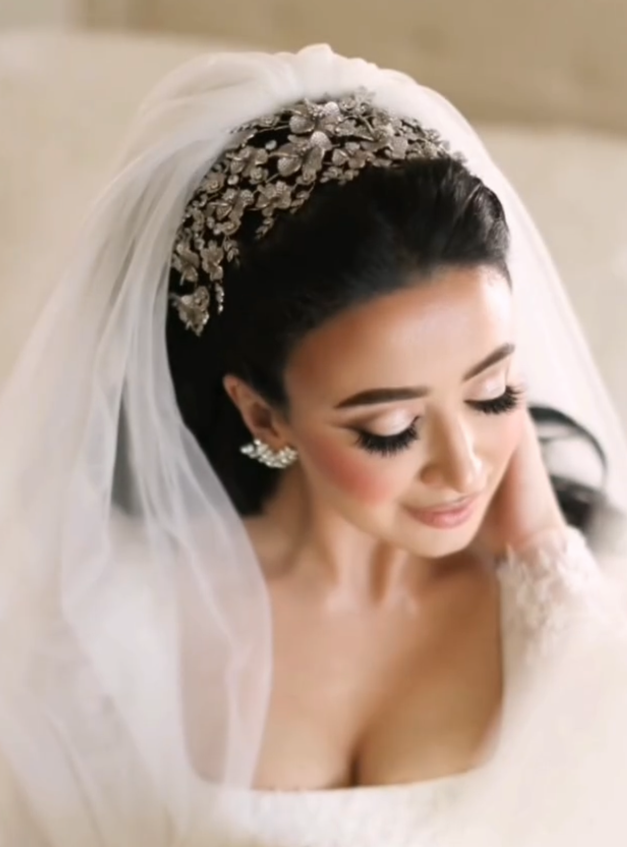 Ellee Real Bride Adorned with ERICANA Luxurious Bridal Headpiece with Swarovski Crystals
