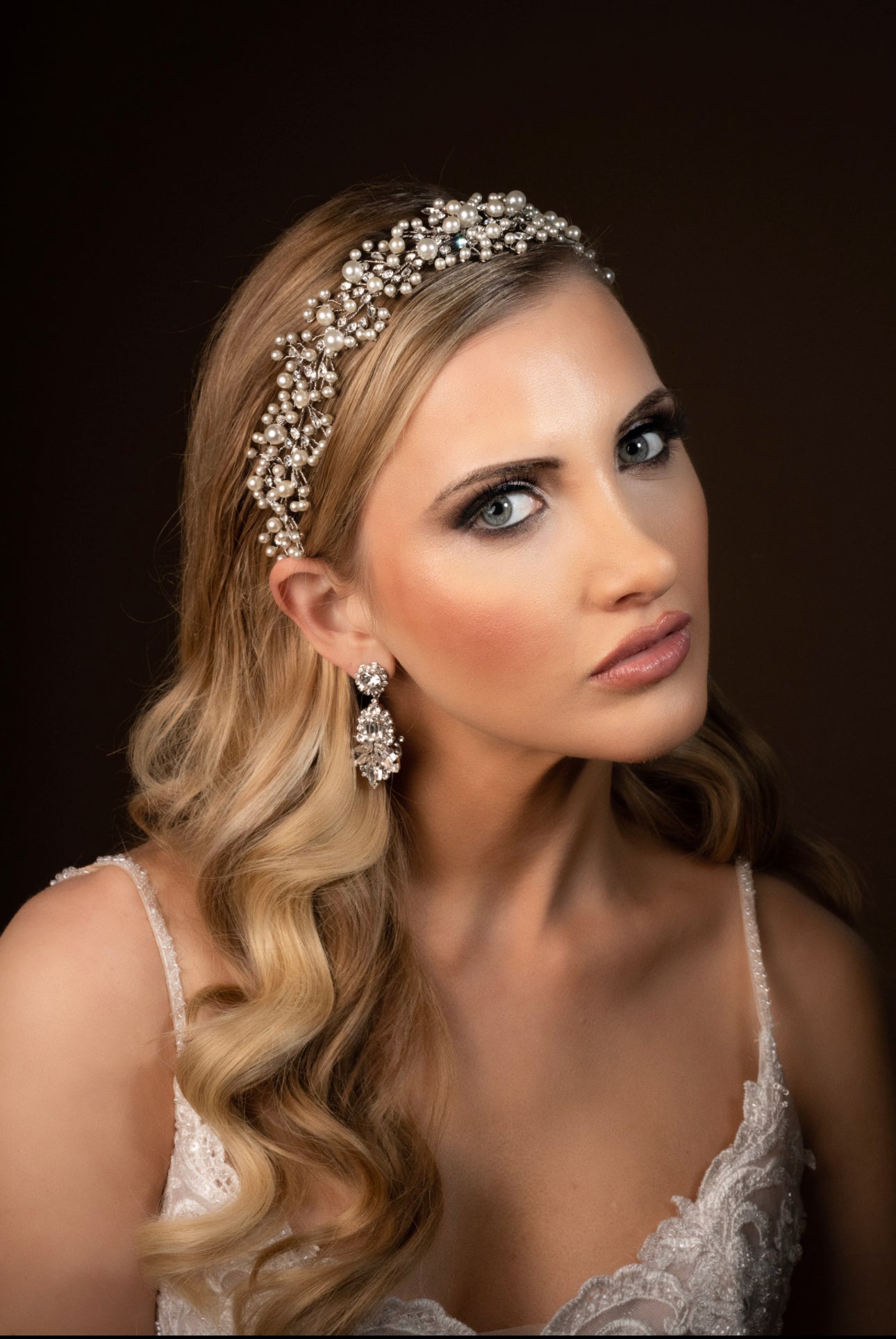 Ellee Bride Adorned in MARIT-PEARLS and Swarovski Stunning Headpiece