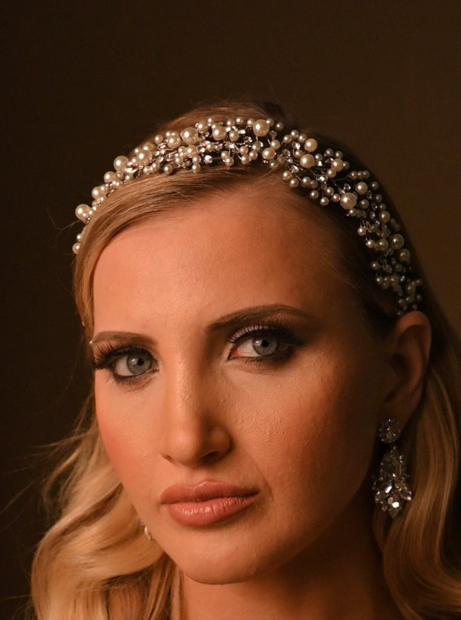 Ellee Bride Adorned in MARIT-PEARLS and Swarovski Stunning Headpiece