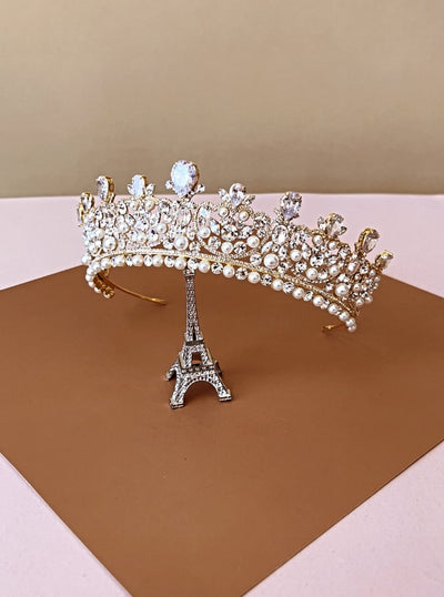 Ellee Real Bride Adorned with CARINA Swarovski & Pearls Wedding Crown, Princess Tiara