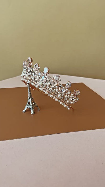 CARINA Rose Gold Swarovski & Pearls Bridal Crown, Wedding Tiara
