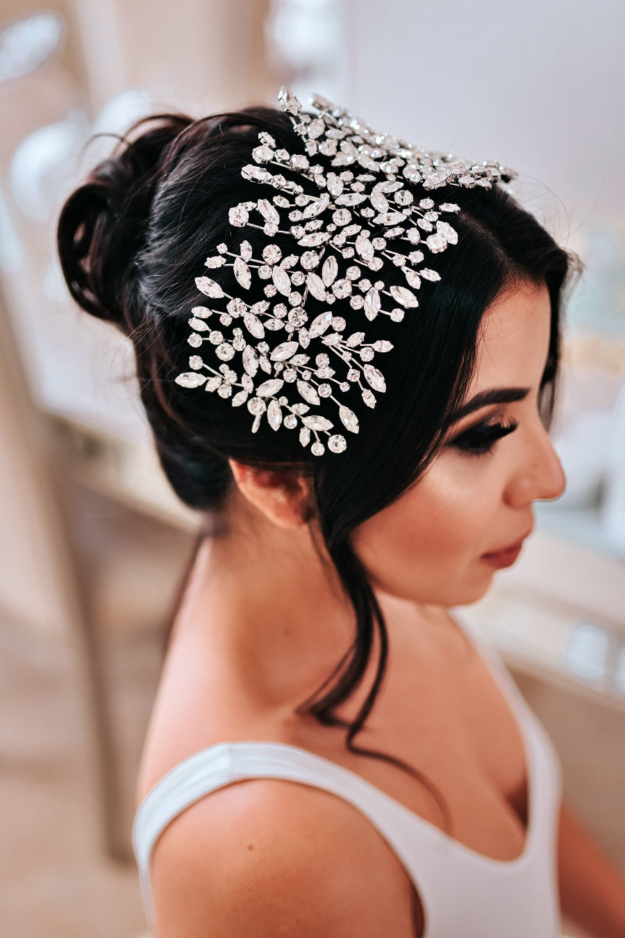 Bride wearing ADELE Swarovski Wedding Headpiece from Ellee Couture Boutique