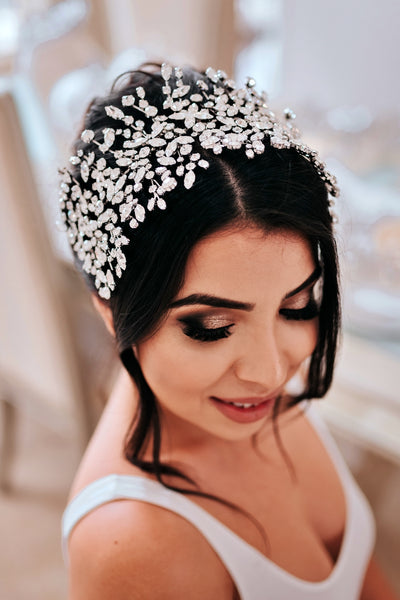 Hair style with ADELE Wedding Headpiece on top from Ellee Couture Boutique