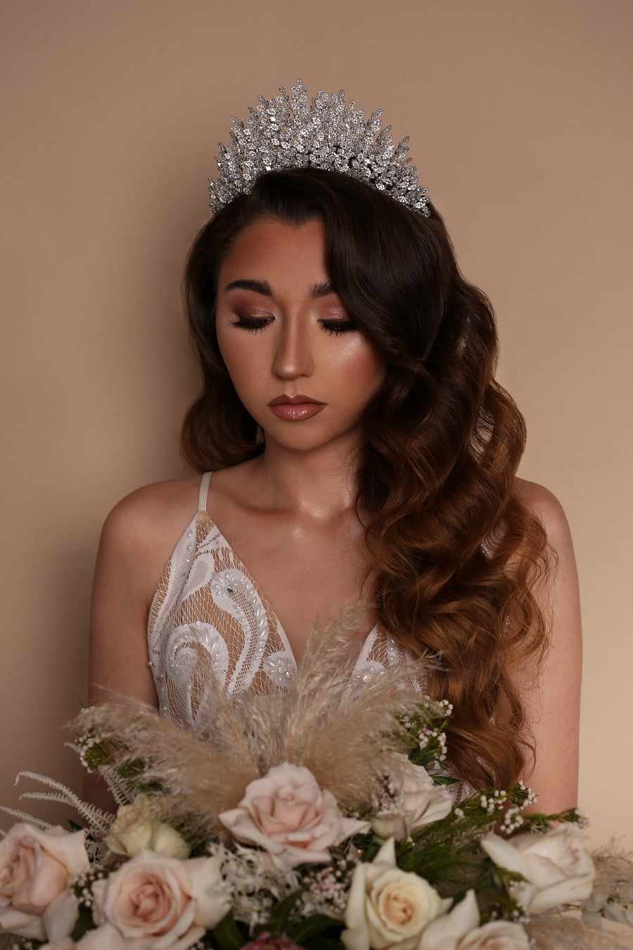 Bride wearing ALEXIA Leaf Bridal Tiara from Ellee Couture Boutique