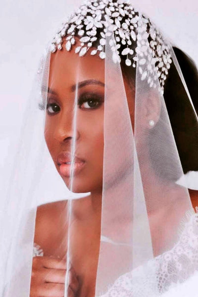 Bride with face veil wearing ADELE Wedding Headpiece from Ellee Couture Boutique