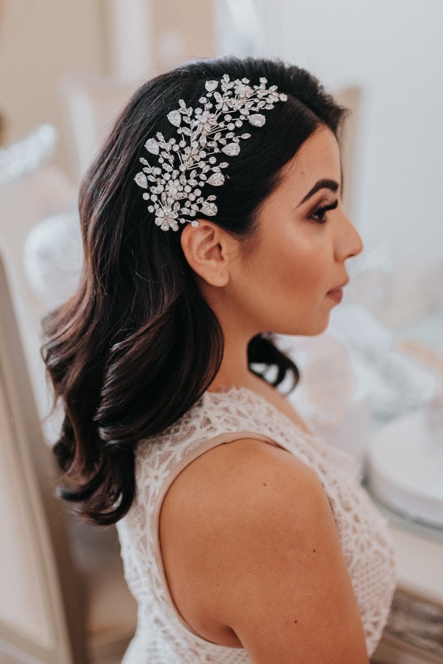 Ellee Real Bride Adorned with AMOUR Swarovski Stunning Side Piece, Wedding Headpiece