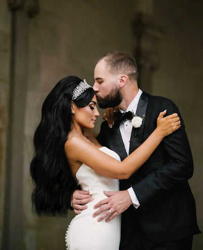 Ellee Real Bride Adorned with BELLE Bridal Headband, Swarovski Bridal Headpiece