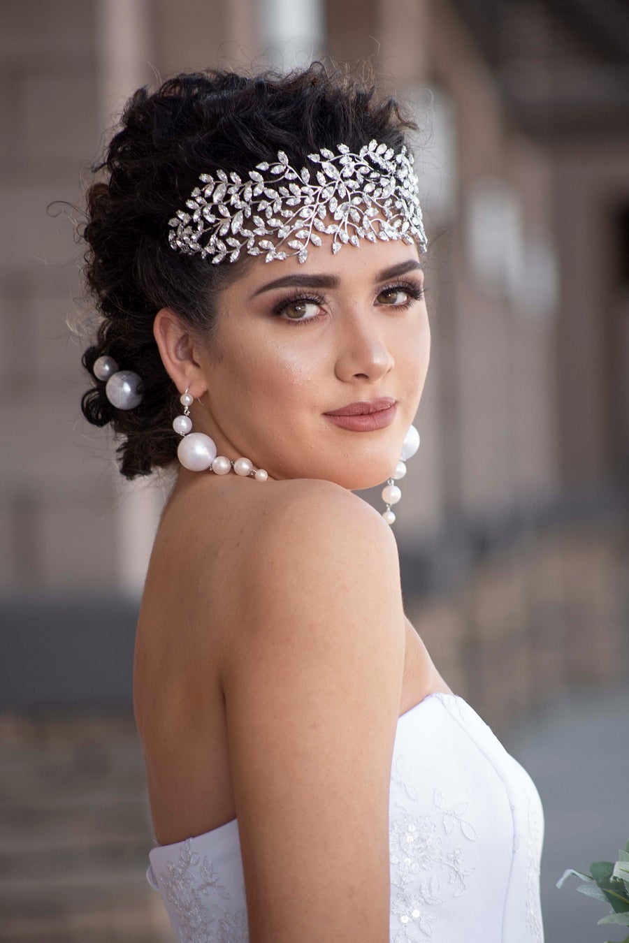 Ellee Real Bride Adorned with RAIYA Bridal Headpiece, Swarovski Wedding Headband