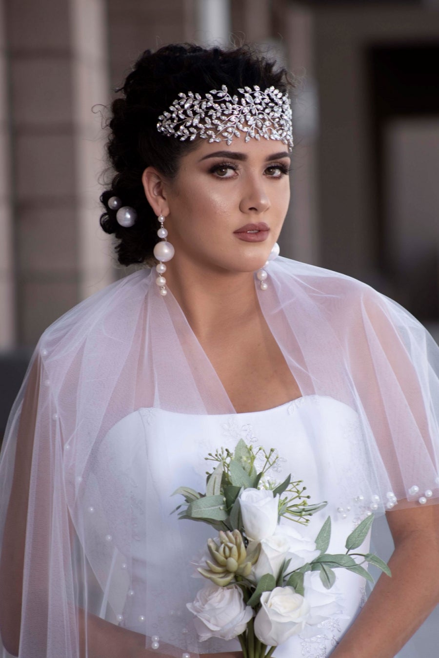 Ellee Real Bride Adorned with RAIYA Bridal Headpiece, Swarovski Wedding Headband