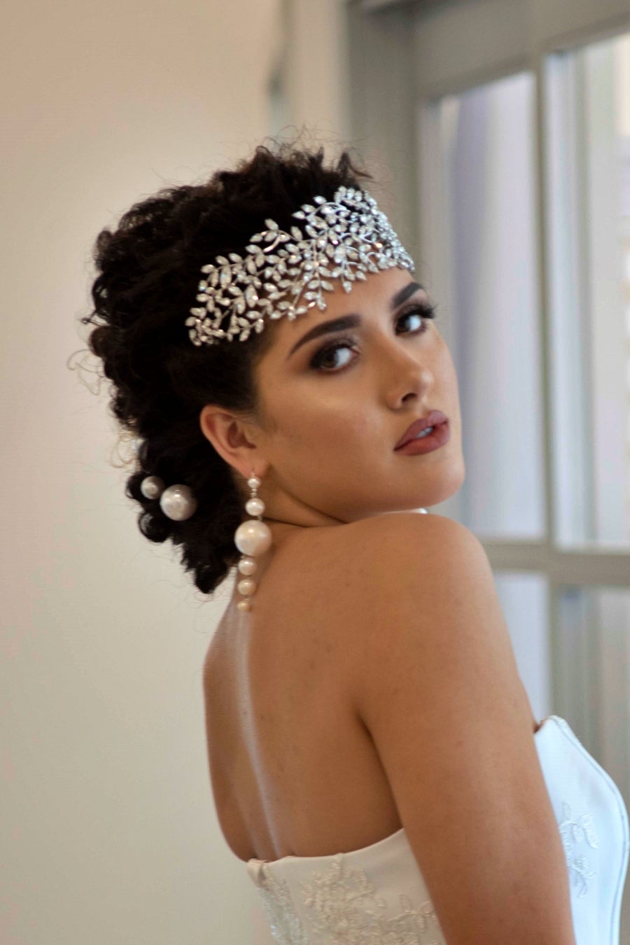 Ellee Real Bride Adorned with RAIYA Bridal Headpiece, Swarovski Wedding Headband