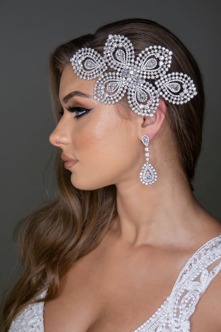 Ellee Real Bride Adorned with SYLVIE Swarovski Bridal Headpiece, Wedding Hair Comb