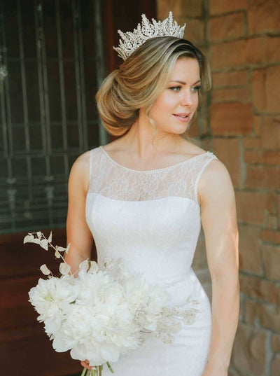 Ellee Real Bride Adorned with AURORA Full Crown, Swarovski Bridal Full Crown