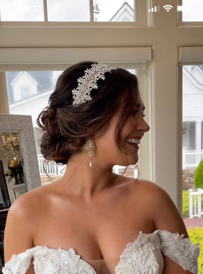 Ellee Real Bride Adorned with SAVANAH Swarovski Bridal Headband & Pearls Headpiece
