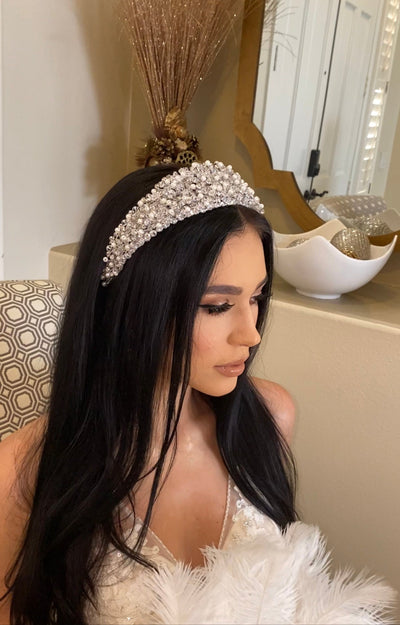 Ellee Real Bride Adorned with BALILTI Swarovski Bridal Pearl Headpiece