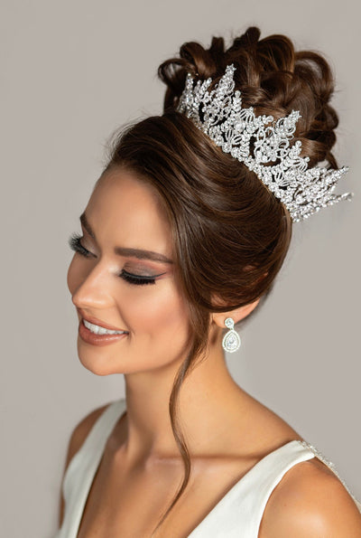 Ellee Real Bride Adorned with AURORA Full Crown, Swarovski Bridal Full Crown