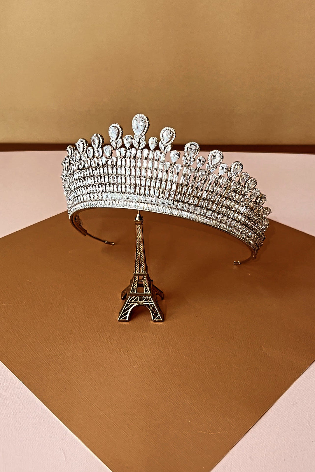 Silver-tone crystal crown tiara with arched band and oval rhinestone details