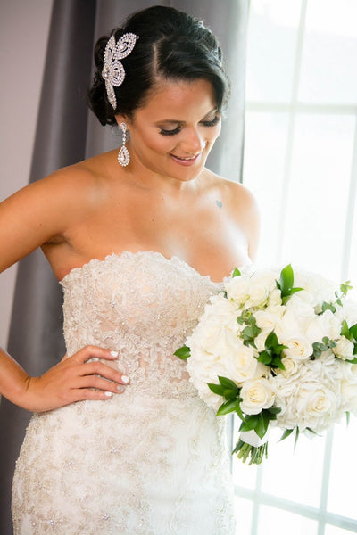 Ellee Real Bride Adorned with SYLVIE Swarovski Bridal Headpiece, Wedding Hair Comb