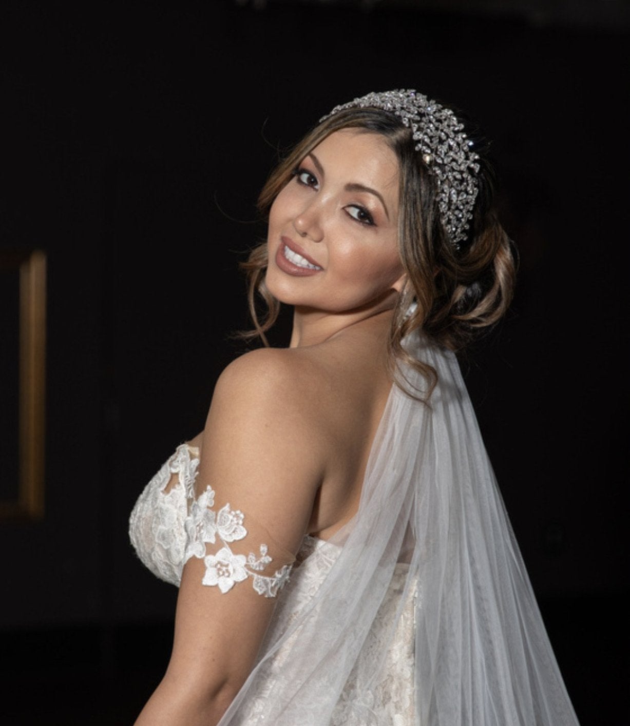 Ellee Real Bride Adorned with RAIYA Bridal Headpiece, Swarovski Wedding Headband