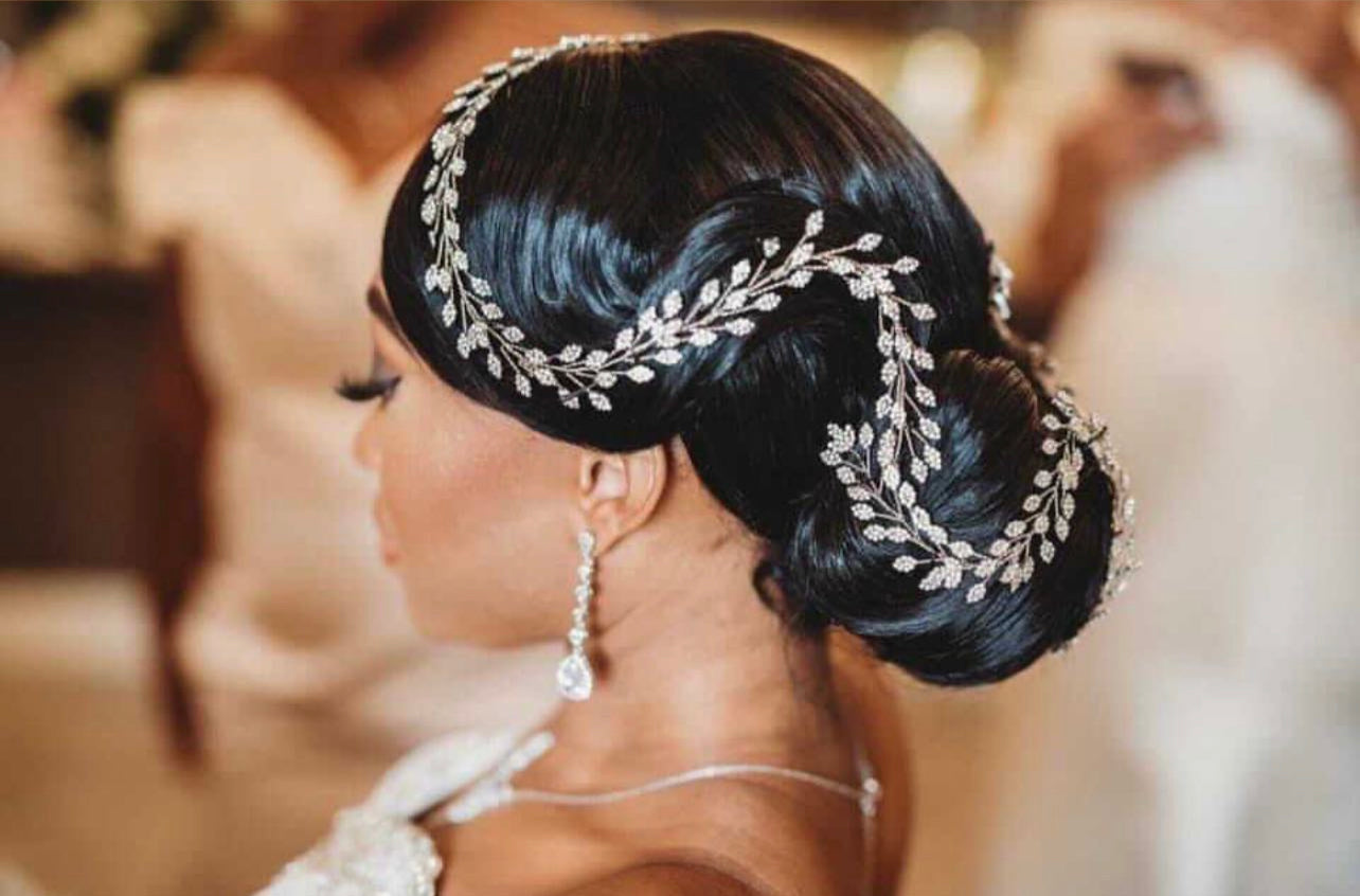 Ellee Real Bride Adorned with ELSA Swarovski Bridal Headband, Wedding Hair Vine