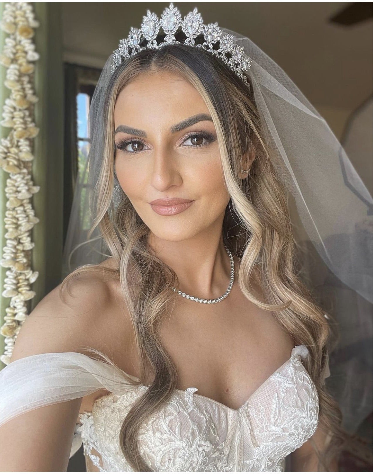 Ellee Real Bride Adorned with LAYLA Swarovski Bridal Tiara and Crown